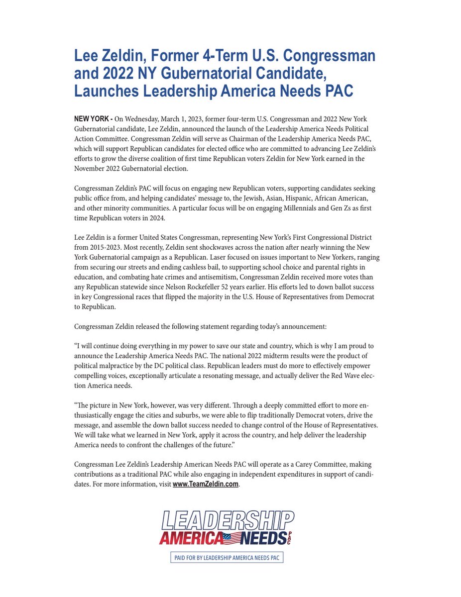 I'm staying ALL IN to save our state and country. A red wave didn’t arrive nationally in 2022, but it did in NY, flipping the House from Dem to GOP. We can’t let up! Today I launched my Leadership America Needs PAC. This mission is too big to fail. Visit TeamZeldin.com!