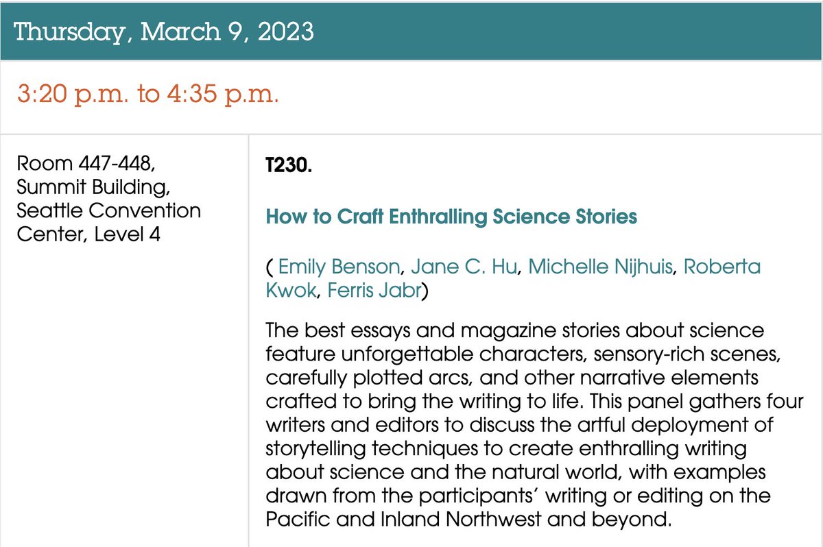 At next week's AWP conference in Seattle, I'll be on a panel about narrative science writing with @nijhuism @robertakwok @erbenson1 and Jane C. Hu We'll chat craft and technique, with specific examples Consider stopping by. We'd love to see you! #AWP23