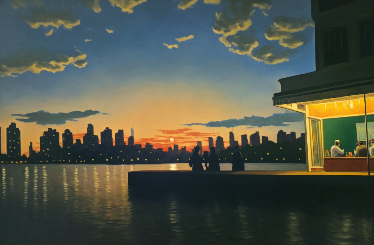 DeeZe's tweet photo. Proud to share my third DeeZedition mint with the fam today 🥳

"gNight" is a mash-up of gn Miami and "Nighthawks" by Edward Hopper, with a little Lindy touch added 🤌

All holders of a DeeZedition set (gn Miami + Claudey Miami🌤️) are allowed one free claim one per set https://t.co/Io0EFEszfN