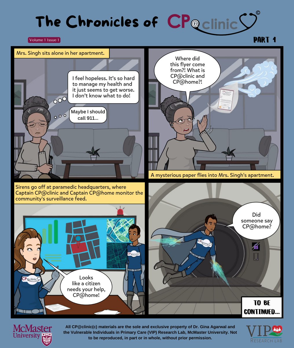 Introducing…
⚡️THE CHRONICLES OF CP@CLINIC⚡️

💥Captain CP@home 🦸🏾‍♂️ is off to rescue Mrs. Singh, a community-dwelling older adult overwhelmed by her health needs. 

👀 Stay tuned for the next part…What will happen to Mrs. Singh? What will Captain CP@home do?