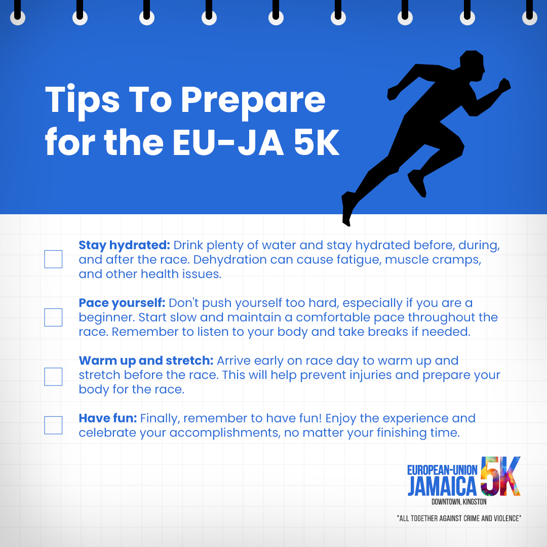 EU-JA 5K - MARCH 12, 2023 ❗

Register NOW at runningeventsja.com.

A few tips to get you prepared! 🏃🏽‍♀️🏃🏽🏅💨 

#TogetherWeCan #EUJA5K #SeeYouOnTheRoad #RunningEventsJa #RoadRace #AllTogetherAgainstCrimeAndViolence #EuropeanUnion #Jamaica