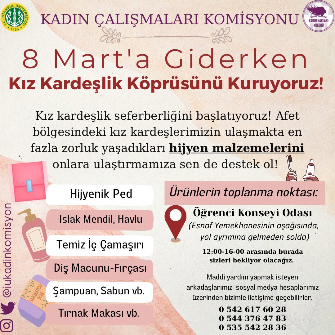 Kız kardeşlerimiz için anti-hijyenik alanların yıkımlarını en aza indirgemek adına öncelikli ihtiyaç listemizi hazırladık. Seferberliğimize tüm üniversite birleşenlerimizden destek bekliyoruz! Üniversitemizden başlayarak kız kardeşlik köprüsünü kurmaya hepinizi davet ediyoruz.