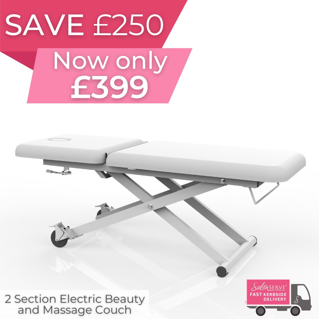 Salonserve's tweet photo. Our biggest price drop ever!! 😍 

Shop online now to save a HUGE £250 on our SalonServe 2 Section Electric Beauty &amp; Massage Couch 🤩

#salonserve #shopnow https://t.co/Sh36jkLk0I