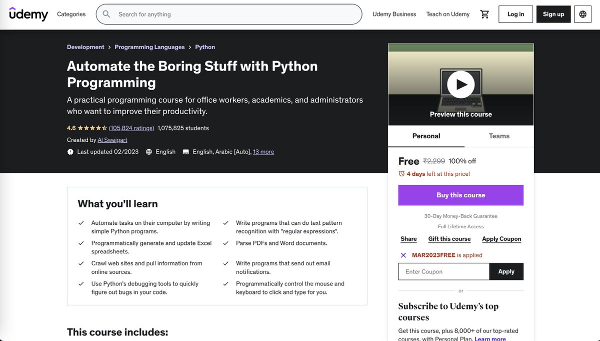 itsafiz's tweet image. Free Python Course on Udemy 

Automate the Boring Stuff with Python Programming by @AlSweigart  is one of the best courses to learn Python. 

And this course is FREE for the first 2000 students. 

Grab this course now: udemy.com/course/automat… 

More details 🧵 👇