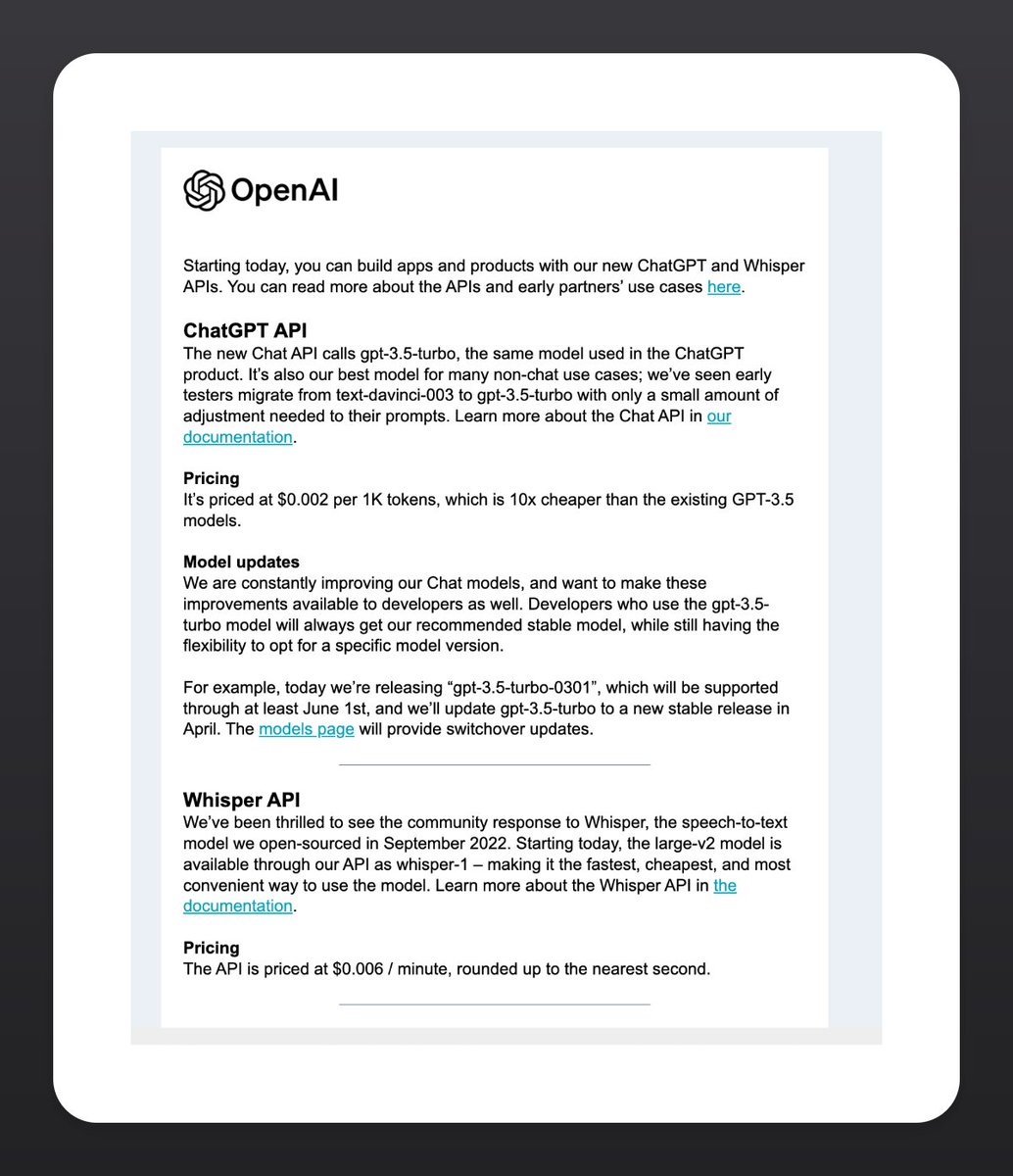 vladkuklev's tweet photo. OpenAI just released the ChatGPT API!

There is also a brand new release — Whisper spech-to-text model, that is also available though the API

Looks like it's time to build! https://t.co/xiItkUQMF2