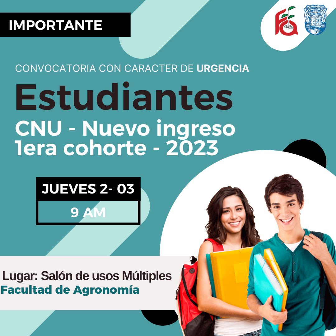 FagroLUZ's tweet photo. Atención! Estudiantes CNU-Nuevos Ingresos asignados a Agronomia, tenemos una reunión mañana a las 9:00 am en el Salón de Usos Múltiples de FAGROLUZ. Asiste! Te esperamos… https://t.co/cA5qOmMVfm