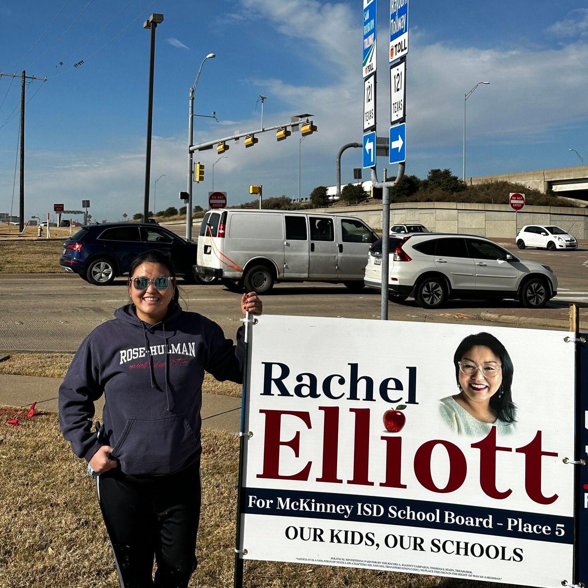 Elliott4MISD's tweet photo. Are intersection signs going up?! Yes. 

And yes, I am out there too doing the work to put them up. I am willing to get my hands dirty with the soil to work on the campaign trail, but also to help this district be the best school district in the state of Texas! https://t.co/JiRW9xHhw2
