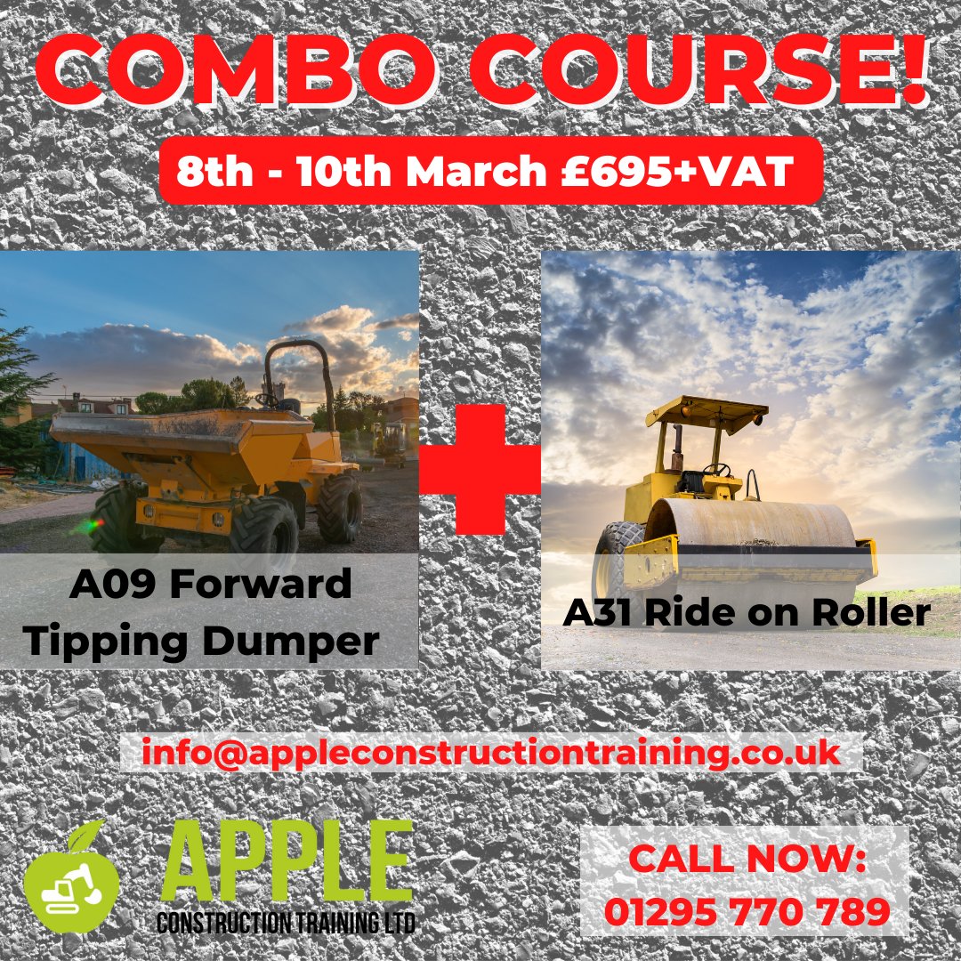 AppleCTltd's tweet image. CPCS A09 Forward Tipping Dumper &amp;amp; A31  Ride on Roller COMBO Course - 8th - 10th March - £695+vat BOOK NOW. #
Email us: info@appleconstructiontraining.co.uk or call our friendly team on 01295 770 789.
#training #constructioncourse #constructiontraining #dumpertrucktraining