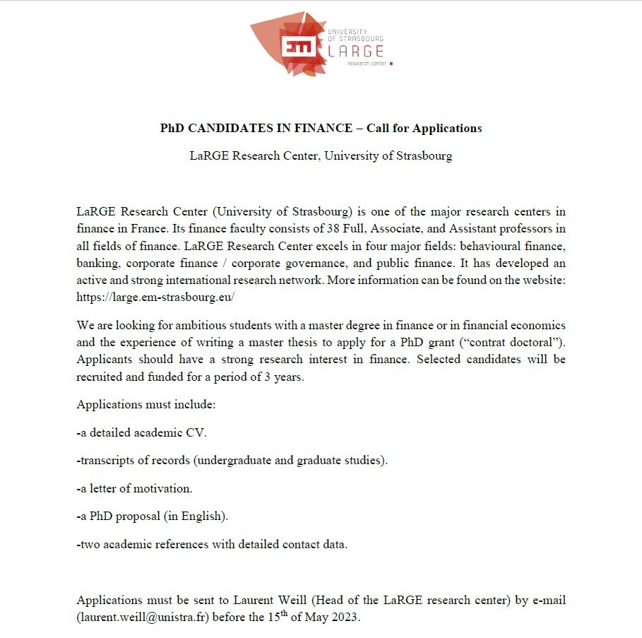PhD CANDIDATES IN FINANCE – Call for Applications, LaRGE Research Center, University of Strasbourg

#PhD #Scholarship #callforapplications #finance #strasbourg