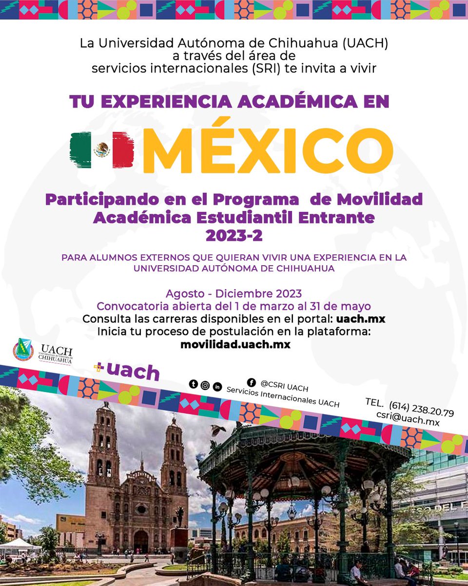 CSRI_UACH's tweet image. ¿Te interesa cursar un semestre en la Universidad Autónoma de Chihuahua?🙌
¡Ya está abierta la convocatoria para participar en el programa de movilidad agosto - diciembre 2023!🤩

¡Te esperamos!🌎
#movilidaduach #MásUACH #másinternacional