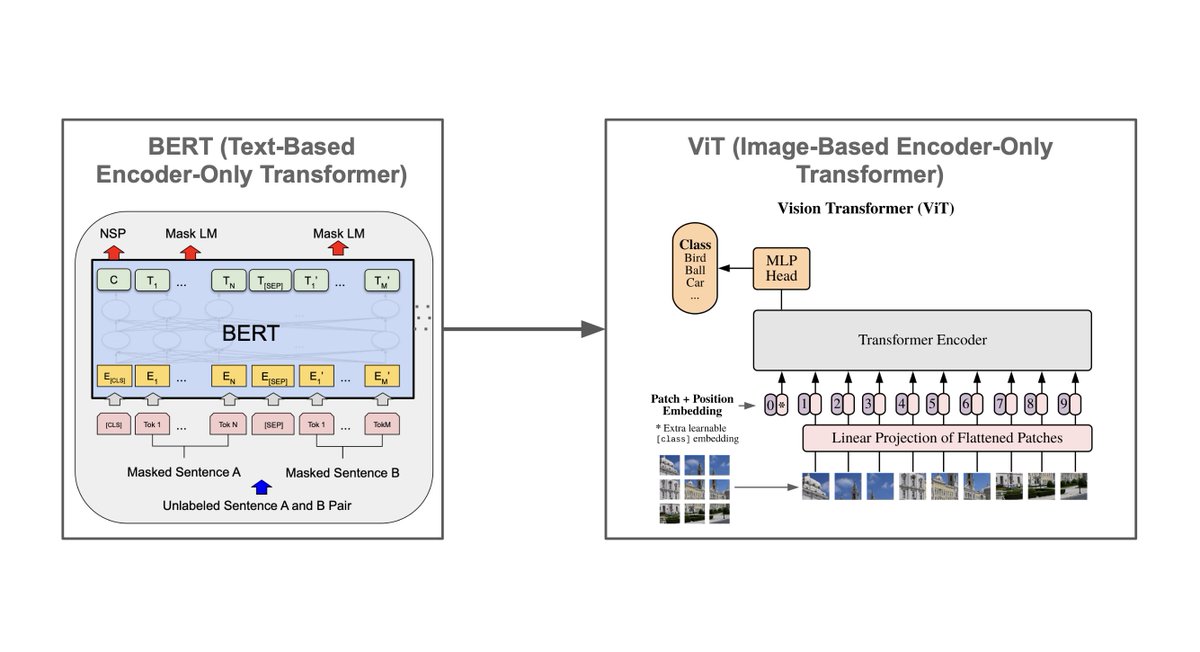 Vision Transformers (ViTs) are a powerful deep learning architecture, but what’s the difference between ViT and a text-based transformer like BERT? Despite being applied in completely different domains, these models have only one major difference… 🧵[1/7]