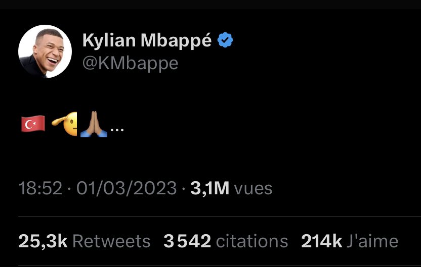 fransizgastesi's tweet photo. Kylian Mbappé’nin paylaştığı Türkiye mesajı, yalnızca yarım saatte 200 binden fazla beğeni aldı. https://t.co/otLQUFRkn5