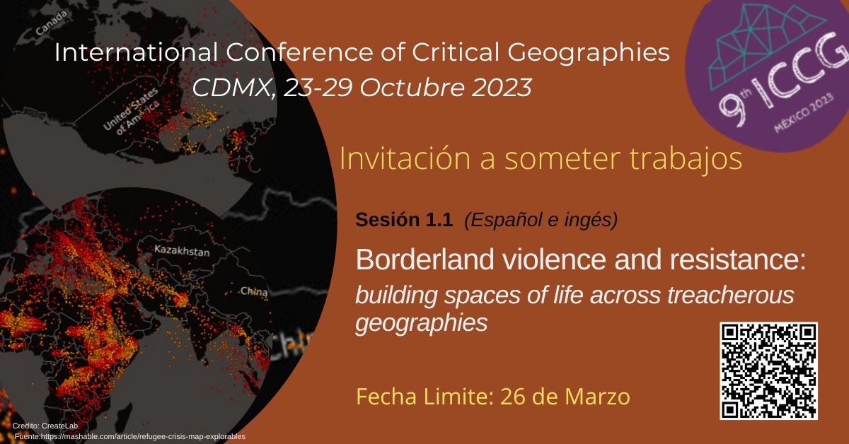 Session 1.1 Borderland violence and resistance: building spaces of life across treacherous geographies.
Info. ▶️ iccg2023.org/iccgm/1-1-bord…
#9iccg #iccg2023 #iccgmx #9iccgmx #criticalgeography