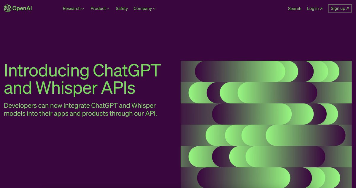 🚨BREAKING: OpenAI just released ChatGPT and Whisper API's.

Developers can now integrate ChatGPT and Whisper models into their apps.

We're about to see a massive wave of new AI products 🚀