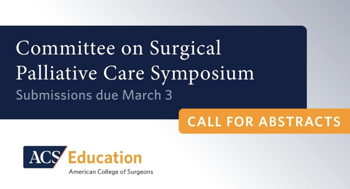 Surgical Palliative Care (@surgpallcare) on Twitter photo The 7th annual <a href="/AmCollSurgeons/">American College of Surgeons</a> Surgical Palliative Care Symposium will be held virtually on Thursday evening, May 4! We invite you to submit an abstract to be considered for this year's Symposium.
For additional info, please fill out this form ✍: bit.ly/3JyhO2O The 7th annual <a href="/AmCollSurgeons/">American College of Surgeons</a> Surgical Palliative Care Symposium will be held virtually on Thursday evening, May 4! We invite you to submit an abstract to be considered for this year's Symposium.
For additional info, please fill out this form ✍: bit.ly/3JyhO2O