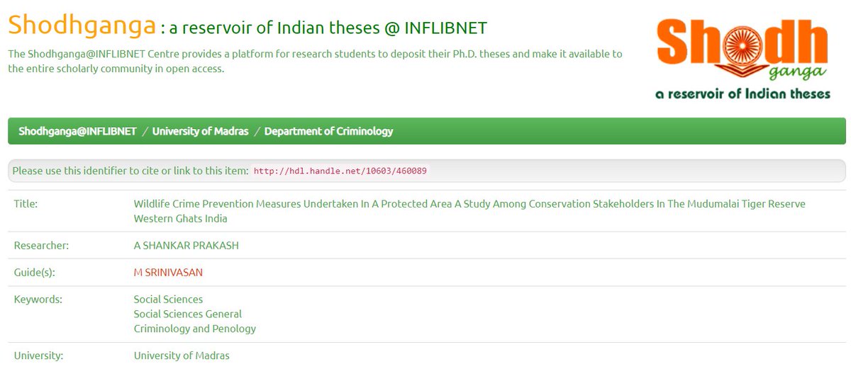 My PhD thesis is available @ugc_india's @INFLIBNET under @creativecommons Licence (CC BY-NC-SA 4.0)
Wildlife crime prevention @MudumalaiTR
hdl.handle.net/10603/460089

@ICCWC_WFC @UNODC_ENV @WCCBHQ @tnforestdept @CITES #WorldWildlifeDay #WWD2023 #TogetherAgainstWildlifeCrime #CITES50