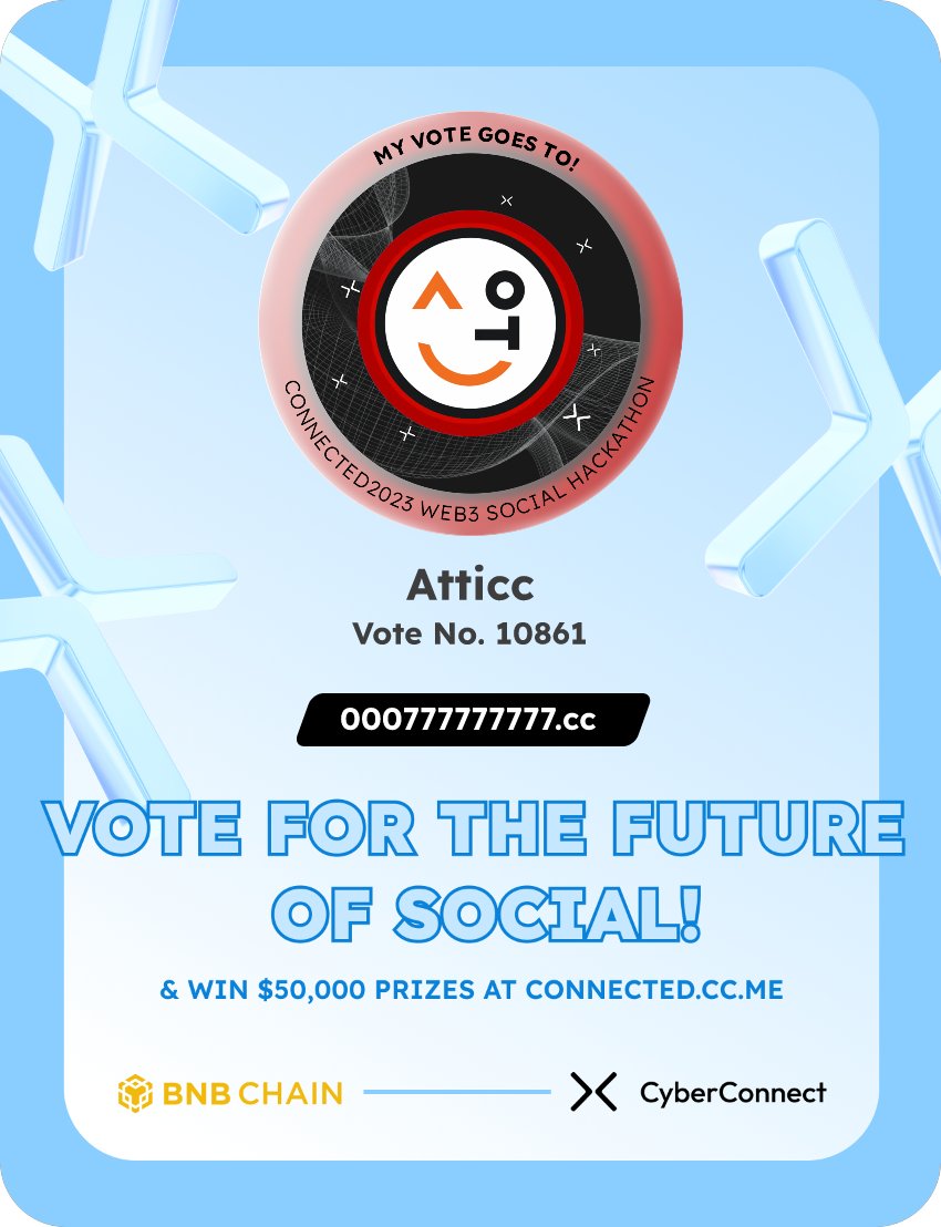 Just voted for my favorite project Atticc in #Connected2023, a Web3 Social hackathon by <a href="/CyberConnectHQ/">(Deprecated) CyberConnect</a> the social graph protocol &amp; <a href="/BNBCHAIN/">BNB Chain</a>
Join me to vote for a better social and win $50,000-$100,000 prizes!
connected.cc.me
sig:wlclRz 
  x.com/CyberConnectHQ…