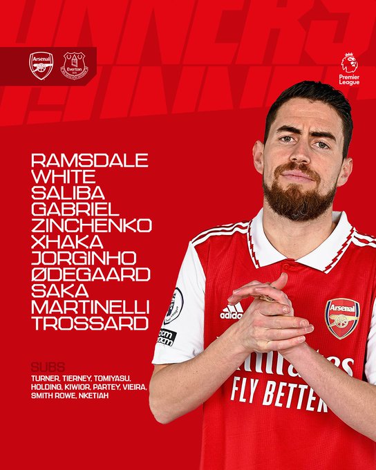 Arsenal line-up graphic featuring Jorginho.

Starting XI: Ramsdale, White, Saliba, Gabriel, Zinchenko, Xhaka, Jorginho, Odegaard, Saka, Martinelli, Trossard. 

Subs: Turner, Tierney, Tomiyasu, Holding, Kiwior, Partey, Vieira, Smith Rowe, Nketiah.