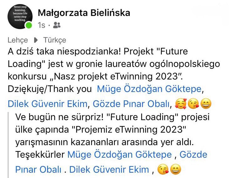 eTwinning_ist's tweet image. Kuruculuğunu Çekmeköy İlçemizden Müge Göztepe’nin yaptığı, Şenol Uzun ve  Ümraniye ilçemizden Gözde Pınar Obalı’nın ortağı olduğu “Future Loading” Projesi 7-11 Yaş Kategorisinde Polonya’da 2023’ün en iyi projesi seçildi. @istanbulilmem @memleventyazici @ist_arge @ErsahinMustafa