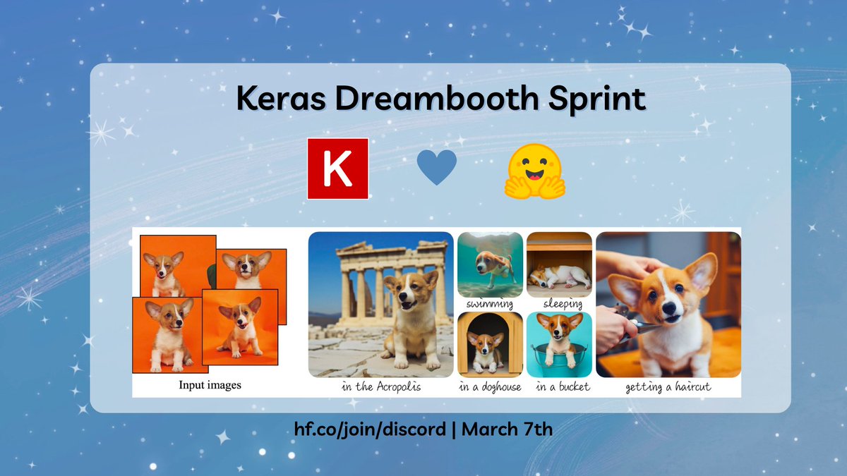 Hey folks! 👋 
At <a href="/huggingface/">Hugging Face</a>, we're organizing a community sprint to train dreambooth models with Keras. It starts on 7th of March 🌌
Details  👉github.com/huggingface/co…