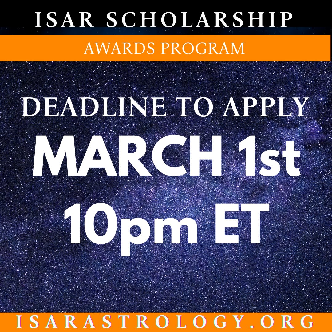 isarastrology's tweet photo. The Deadline to apply for the 2023 ISAR Scholarships ends TONIGHT March 1st 10pm ET
APPLY NOW! https://t.co/CVpcJZTUXi
#jupitervenus https://t.co/BdgMkqGpVG