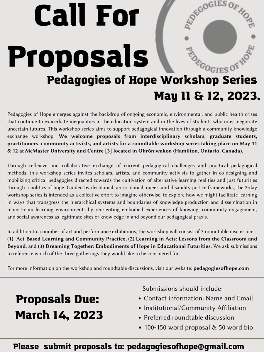 Dear friends, colleagues, and comrades please consider applying and circulating this call widely in your circles/communities. 

This workshop would be a place for us to think and reflect on anti-colonial, feminist, crip/queer, and art-based pedagogies #radicalpedagogy