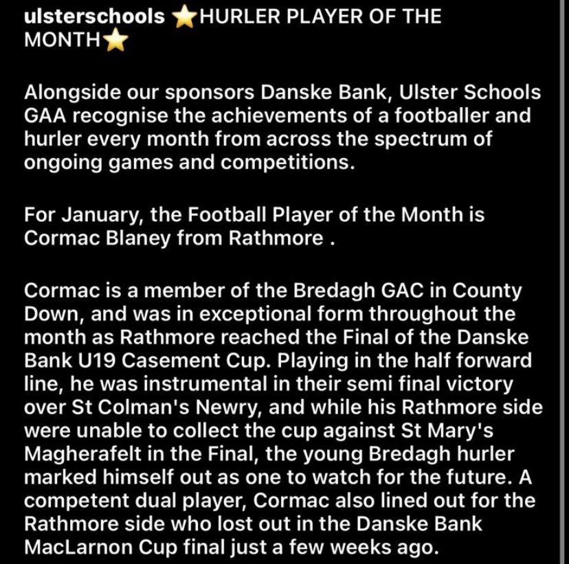 Congratulations Cormac! <a href="/DanskeBank_UK/">Danske Bank</a> <a href="/ulsterschools/">Ulster Schools GAA</a> Hurler of the month! No surprise to us! Well deserved!🙌🔵⚪️