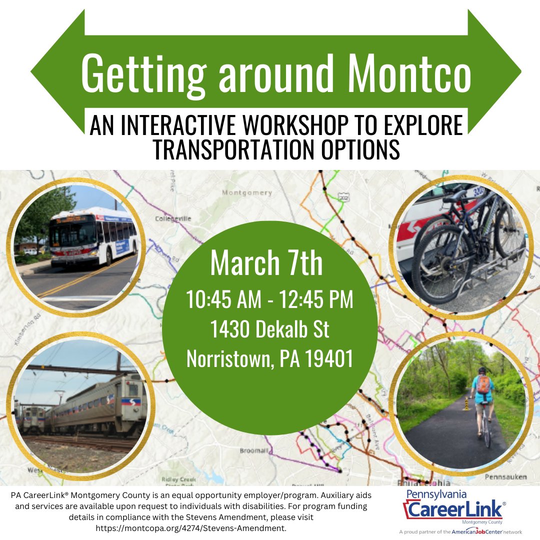 PACLMontCo's tweet image. Need some tips &amp;amp; tricks on getting around #montco? Sign up for this interactive workshop to explore transportation options!
Reserve your spot here: conta.cc/3ZtZjRB
#montcoforward #PTMA