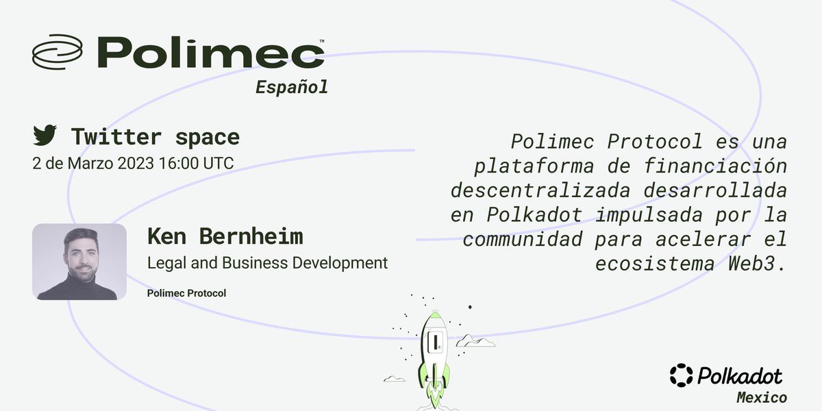 Les tenemos excelentes noticias! 🤩

El día de mañana a las 10:00 AM, tendremos un Twitter Space sobre la plataforma de financiamiento descentralizado en el ecosistema de <a href="/Polkadot/">Polkadot</a> - @PolimecProtocol!

Nos acompaña <a href="/KenBernhouse/">Ken Bernheim</a>! 🔥
