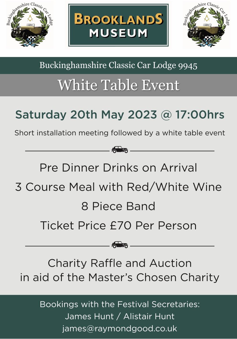It is with great pleasure that share the forthcoming Installation of our Master Elect, W Bro Matthew Eaton and the ensuing White Table event. The date for your diaries is Saturday, 20th May, the venue is the Brooklands Clubhouse and the meeting will tyle at 17:00hrs.