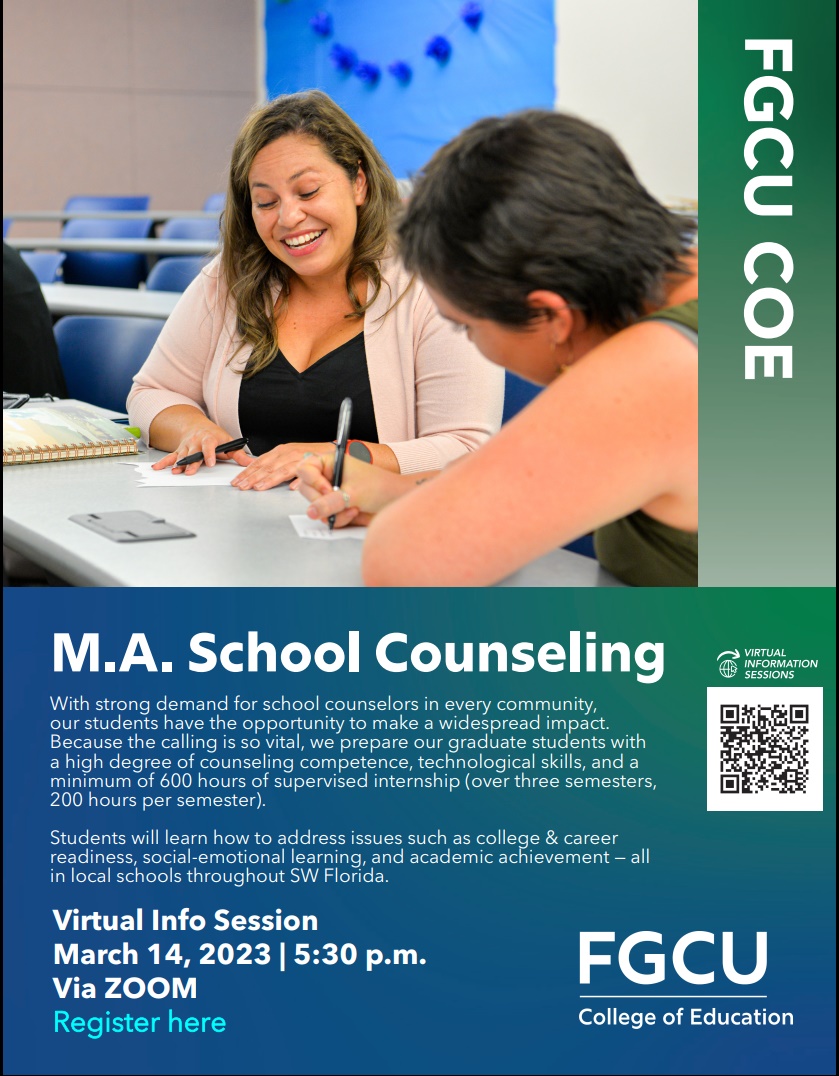 Interested in becoming a school counselor? School Counseling Info Session #schoolcounselor #schoolcounseling @coe_fgcu fgcucoe.az1.qualtrics.com/jfe/form/SV_8H…