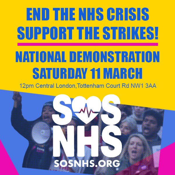 End this disgraceful NHS Crisis of Govt’s creation 
Pay NHS staff and fund the public services
End funding of private health and private hedge funds in Care
#EndSocialCareDisgrace
#SOSNHSDEMO 

March together 11th March