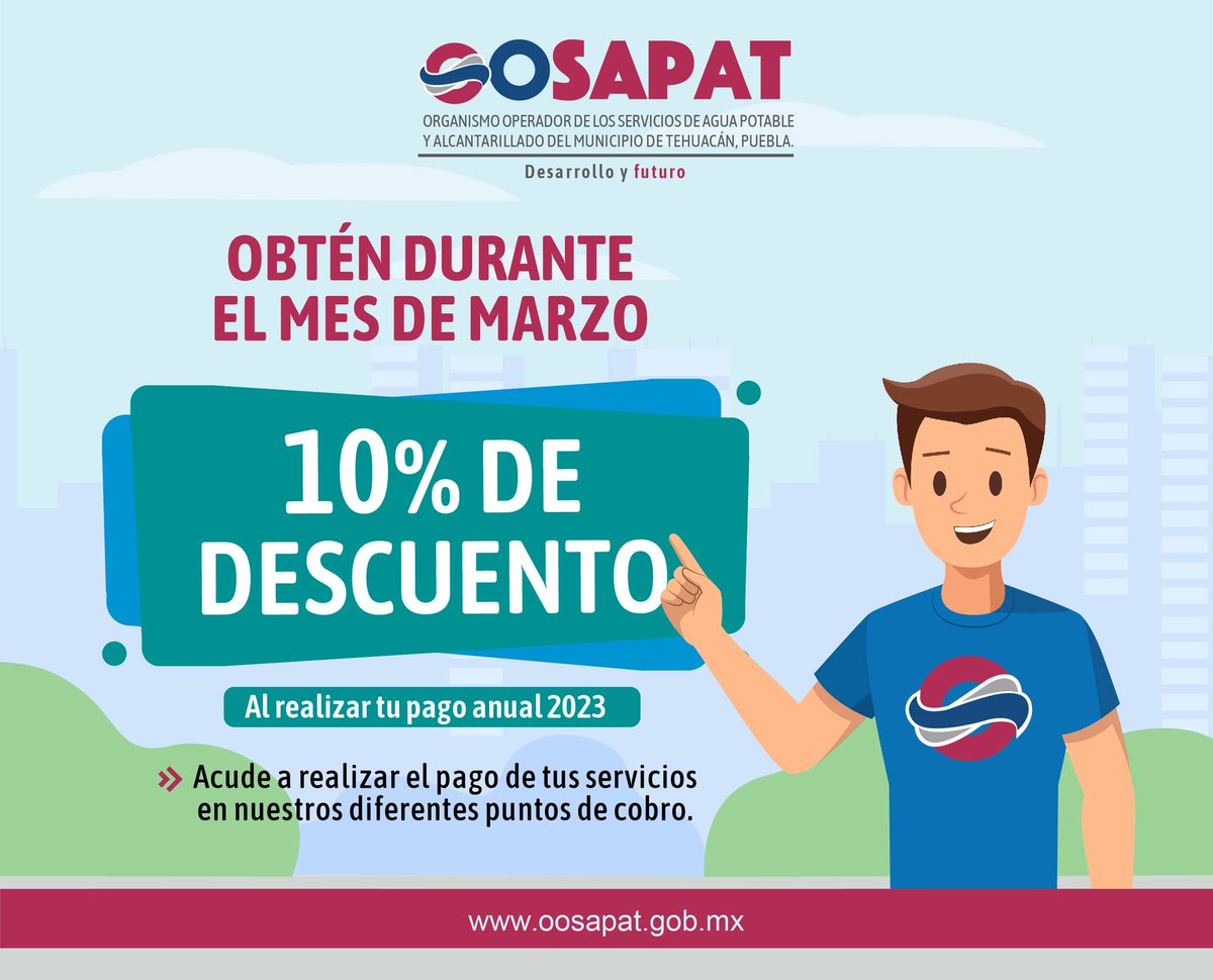 OOSAPAT1's tweet photo. ¡Aprovecha! Durante el mes de marzo paga tu servicio anual 2023 con el 10% de descuento. 💧💧
Acude a nuestros puntos de cobro ubicados en:
👉Palacio Municipal
👉Edificio Morelos
👉Oficinas Centrales
#DesarrolloYFuturo #OOSAPAT https://t.co/92TvffOgTR