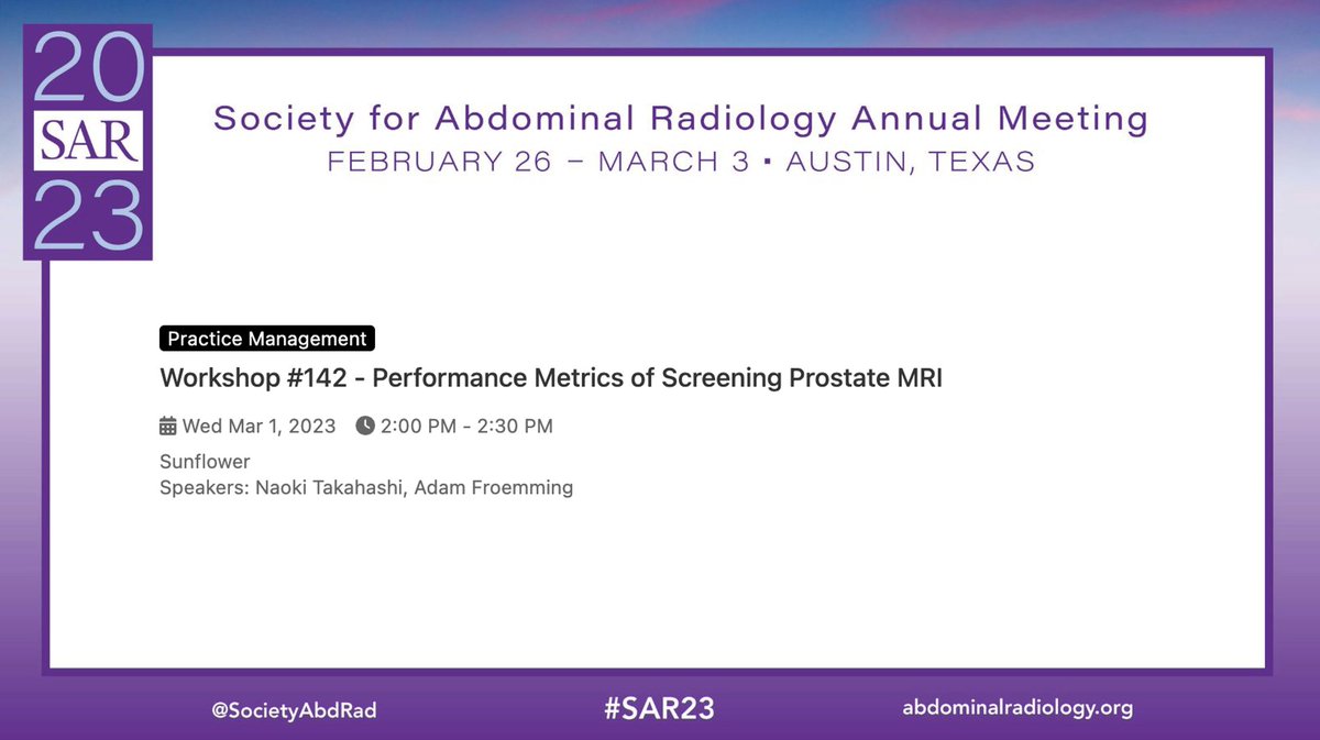 SAR Prostate DFP (@sar_prostatedfp) on Twitter photo Prostate workshop on the hot topic of Screening Prostate MRI quality metrics happening today Wed 3/1 #SAR23 <a href="/SocietyAbdRad/">Society of Abdominal Radiology | SAR</a> <a href="/adam_froemming/">Adam Froemming</a> NaokiTakahashi #prostateMRI Prostate workshop on the hot topic of Screening Prostate MRI quality metrics happening today Wed 3/1 #SAR23 <a href="/SocietyAbdRad/">Society of Abdominal Radiology | SAR</a> <a href="/adam_froemming/">Adam Froemming</a> NaokiTakahashi #prostateMRI