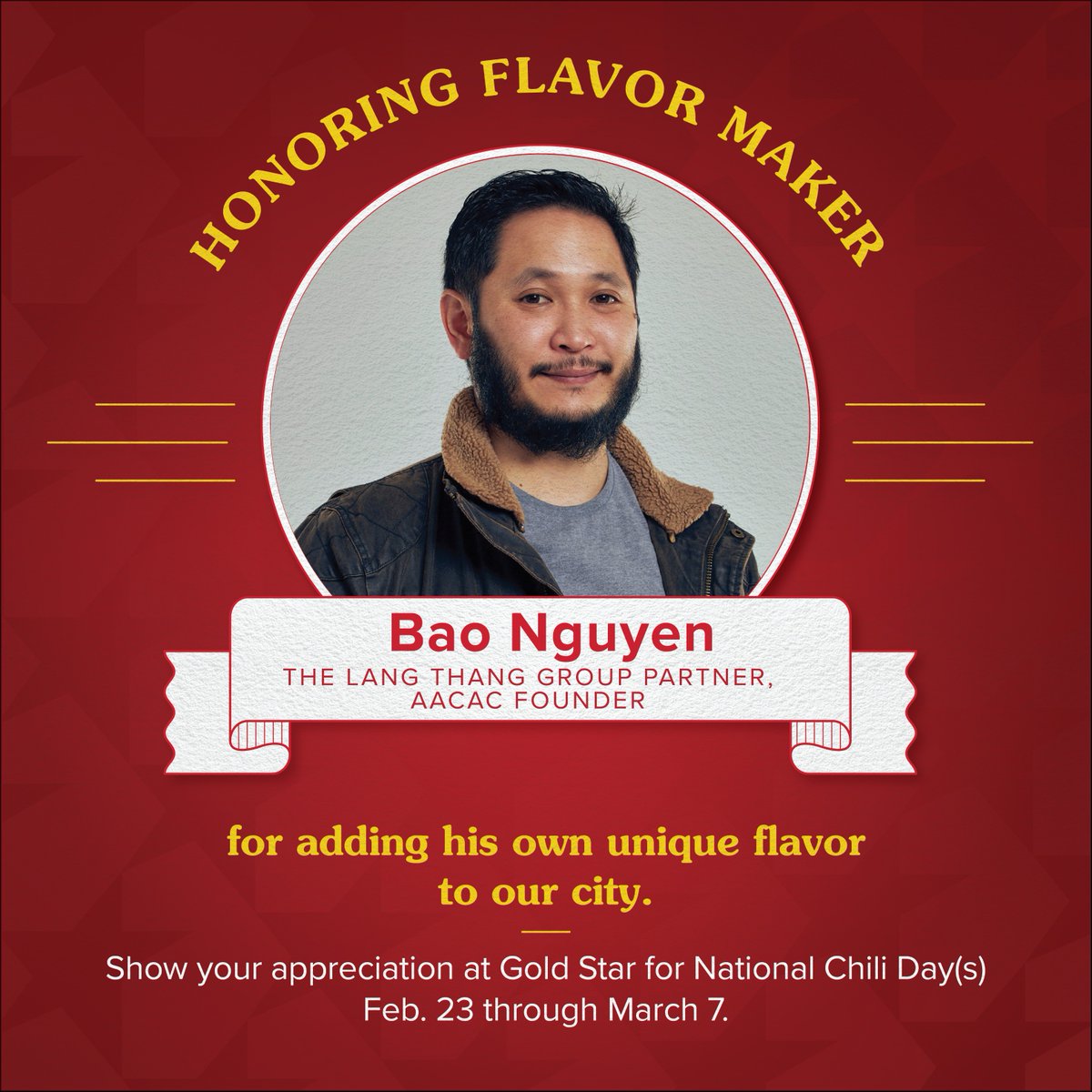 Let's show some chili love to Bao Nguyen who is bringing #RealCincyFlavor to our community! From businesses like <a href="/pholangthang/">Pho Lang Thang</a> &amp; @quanhapa to founding AACAC, he's done so much to bring Asian culture to Cincy. bit.ly/3kpFGv6 

<a href="/asianati_cincy/">Asianati</a> @asiandfoodfest <a href="/thehimark/">The Hi-Mark Roadhouse</a>