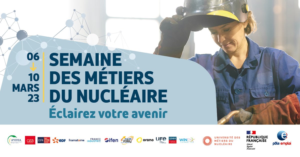 FTravail_NDIE's tweet photo. Une filière d'avenir ! 
#poleemploi, l'Université des Métiers du Nucléaire et ses #partenaires se mobilisent dans le cadre des métiers du #nucléaire ! 
📅des événements sur tout le territoire : visite d'entreprise, job dating, salon en ligne ➡️ https://t.co/7gfZjEkLan https://t.co/Yd0u5WyGAi