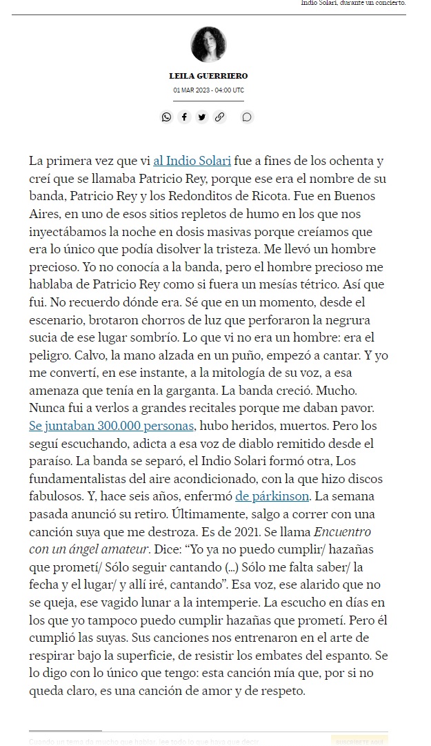 "Las canciones del Indio Solari nos entrenaron en el arte de respirar bajo la superficie, de resistir los embates del espanto". Una canción, la columna de Leila Guerriero a través de @elpaisamericaco