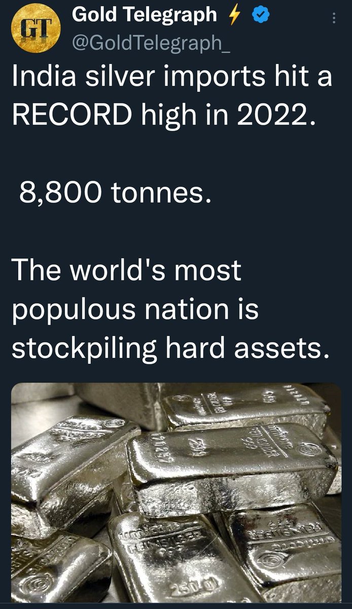 ComstockRoyalty's tweet photo. Sell Stocks & BUY SILVER???
Already Happening NOW.
✅️📈💚Thank you #Modi of #India.
Every family in India needs to own 100 ounces of physical SILVER IMMEDIATELY says John Perez @SilverisMoneyNEWS on Telegram.
👊Thank me later. 📈🎺🙏🏽😎 https://t.co/6sOmmTiOYV