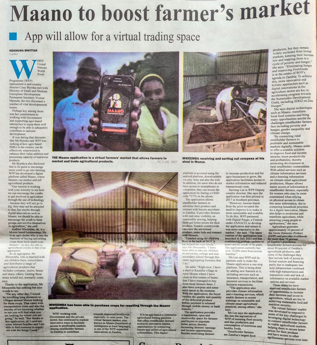 WFP_Zambia's tweet photo. Unreliable markets💹 are one of the challenges faced by many smallholder farmers.
 
WFP is helping turn the situation around through innovations such as the virtual farmers market through the "Maano" app.
#innovation @ZambiaDailyMail https://t.co/MZuAaoCQbz