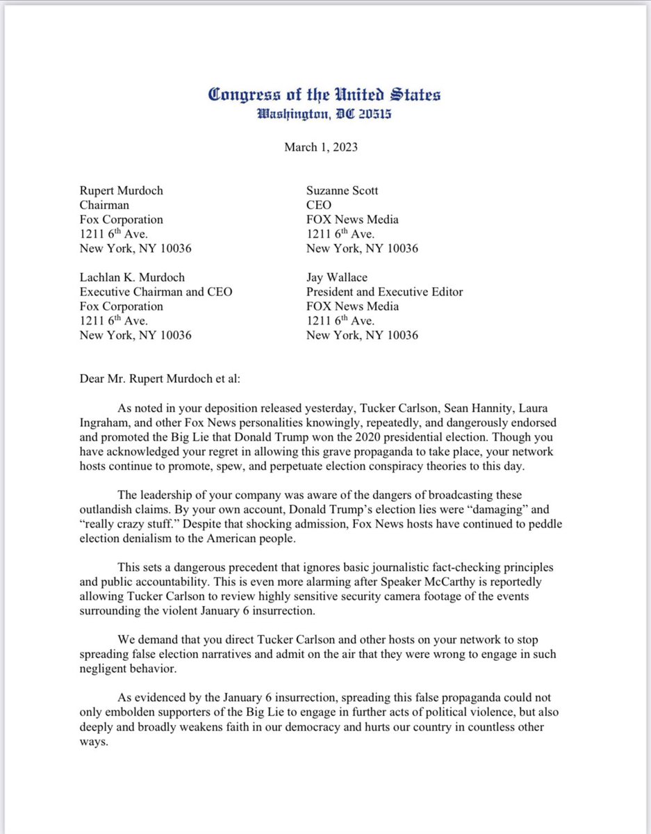 mkraju's tweet image. New letter from Schumer and Jeffries to Rupert Murdoch following Dominion lawsuit revelations