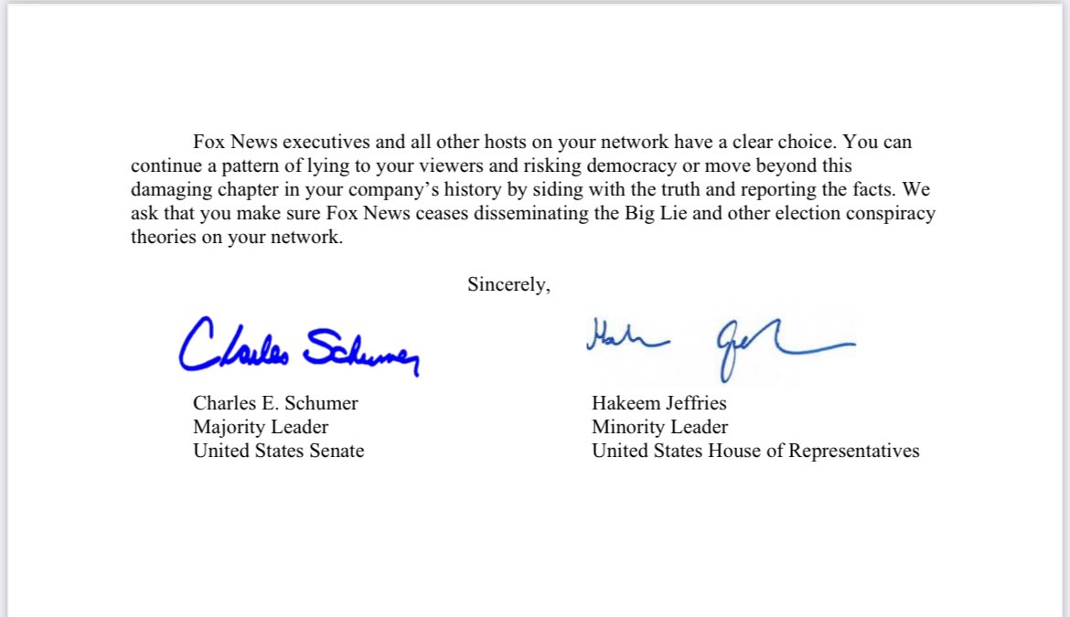 mkraju's tweet image. New letter from Schumer and Jeffries to Rupert Murdoch following Dominion lawsuit revelations