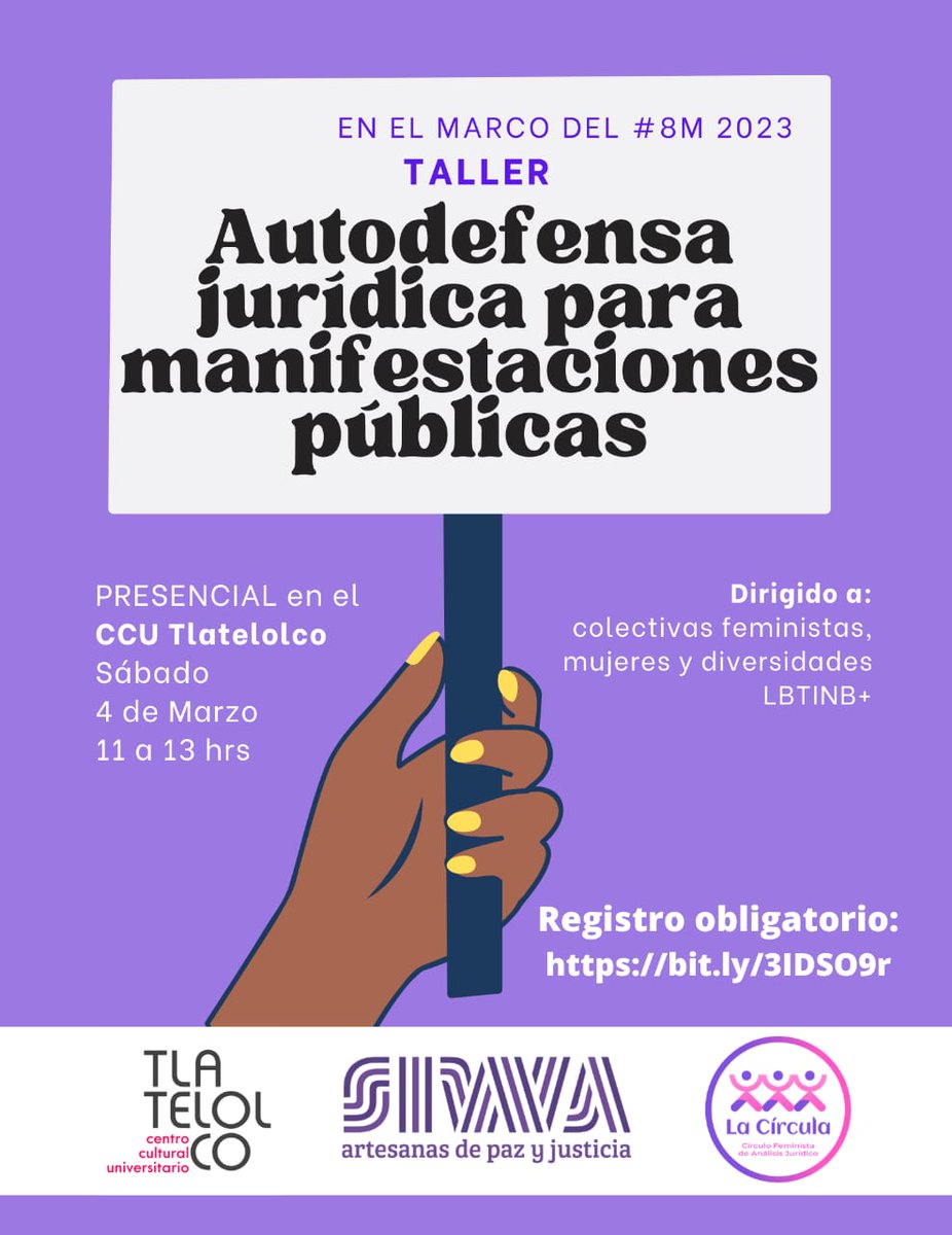 🤔¿Qué hacer si me detienen durante una marcha? ¿Cuáles son mis derechos? Rumbo al #8M23 el 4 de marzo a las 11 hrs. tendremos nuestro taller presencial de autodefensa jurídica para manifestaciones públicas en <a href="/ccutlatelolco/">CCU Tlatelolco</a>
‼️Se requiere registro previo forms.gle/gLMtTqbziQK67p…