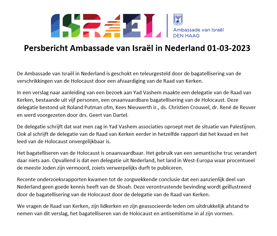IsraelinNL's tweet photo. Persbericht Ambassade van Israël in reactie op verslag van Raad van Kerken-delegatie na bezoek aan Yad Vashem. https://t.co/l62Amuk4kX