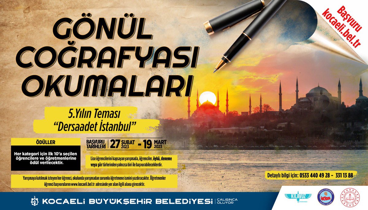 klavuzgenclik's tweet photo. #GönülCoğrafyasıOkumaları 
𝟓. yılı “𝐃𝐞𝐫𝐬𝐚𝐚𝐝𝐞𝐭 𝐈𝐬𝐭𝐚𝐧𝐛𝐮𝐥” 

İlimiz genelinde lise öğrencilerine yönelik düzenlediğimiz yarışmamıza şiir, deneme ya da öykü türlerinden herhangi biriyle 19 Mart’a kadar başvurabilirsiniz.

#KılavuzGençlik https://t.co/m4r985RWWI