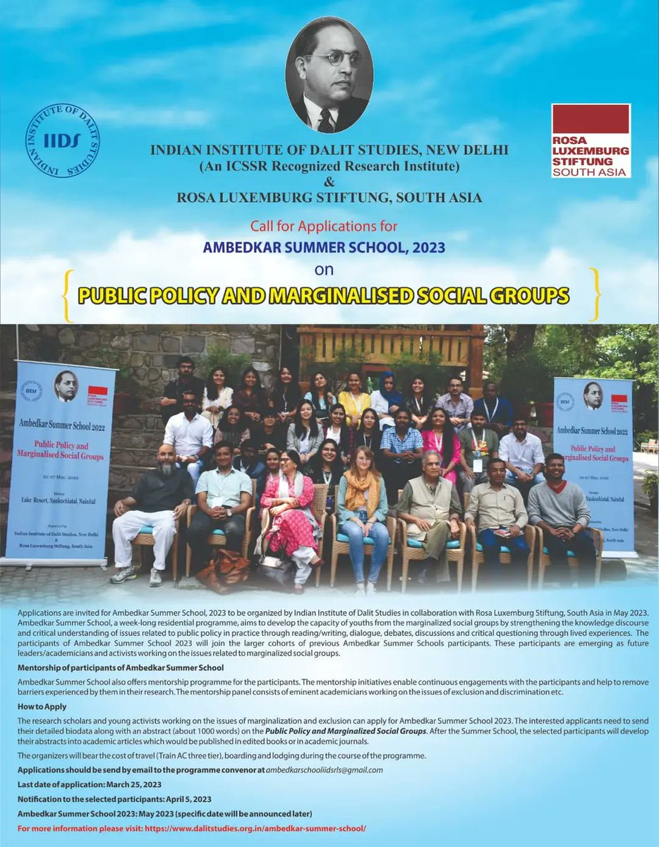 NandiniRavita's tweet photo. A great opportunity to learn, grow, and work with the best academicians and policy makers in the country.
#PublicPolicy #AmbedkarSummerSchool #SummerSchool #Adivasi #Policy #applynow #Tribals #opportunities #IIDS #southasia #marginalisedcommunity https://t.co/sHWqVdpNr1