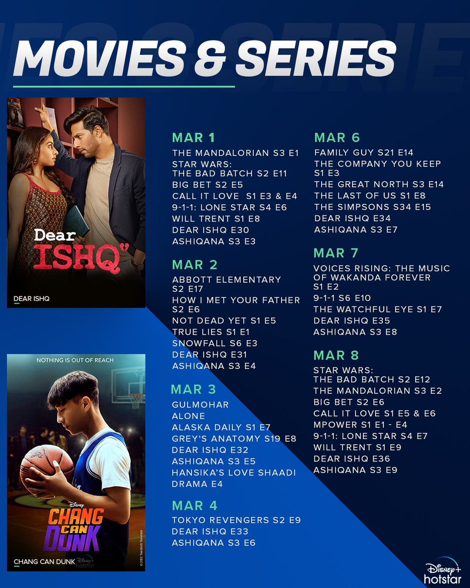 CompleteOTT's tweet image. March 2023 schedule of #DisneyPlusHotstar @DisneyPlusHS