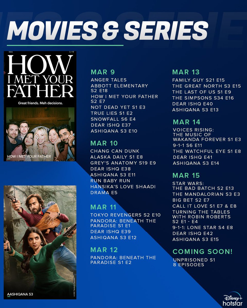 CompleteOTT's tweet image. March 2023 schedule of #DisneyPlusHotstar @DisneyPlusHS