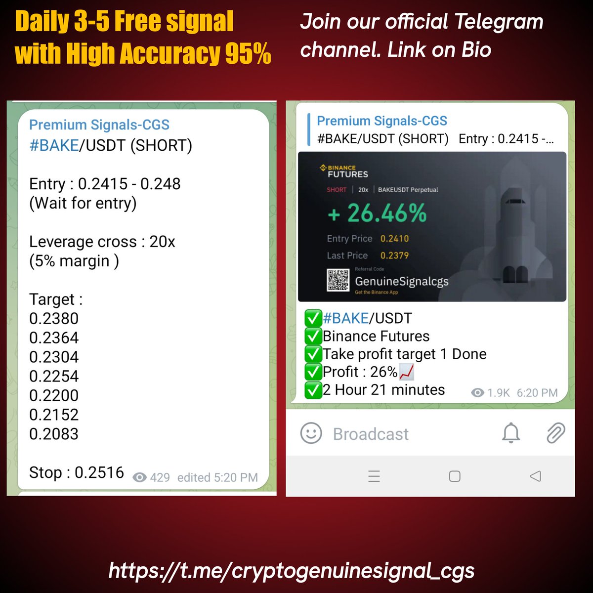 GenuineSignal's tweet photo. Daily 3-5 Free signal with High Accuracy 95%. Signal is Free you can make Weekly 400%-500% profit Easily. Join Our Telegram: https://t.co/lOlRKu11AD

#cryptotrading #Signals #cryptocurrency #crypto #tradingstrategy #daytrader #daytrading #daytrading #bitcoinsignal https://t.co/ecOWBPLDep
