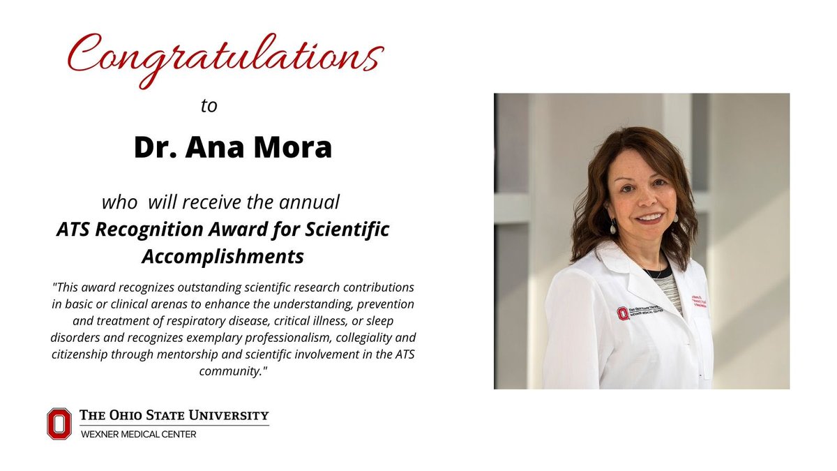 I’m thrilled to congratulate Dr. Ana Mora, who will be one of the recipients of the ATS Recognition Awards for Scientific Accomplishment at the annual meeting in May. We are so fortunate to have her as the director of research for our Division! <a href="/OSUPCCM_Fellows/">Ohio State Pulmonary Critical Care Fellowship</a> <a href="/OhioStateDHLRI/">OhioStateDHLRI</a>