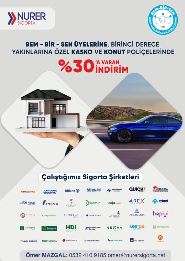 Değerli Üyelerimiz;
NURER Sigorta ile  Yaptığımız protokol ile üyelerimize Tamamlayıcı sağlık,Konut ve kasko sigortasında özel indirim; 
Kasko ve konutta %30 Tamamlayıcı sağlık sigortasında Üyelerimize  ÖZELidirim.uygulanmaktadır  İLT:ÖMER MAZGAL:532 410 91 85